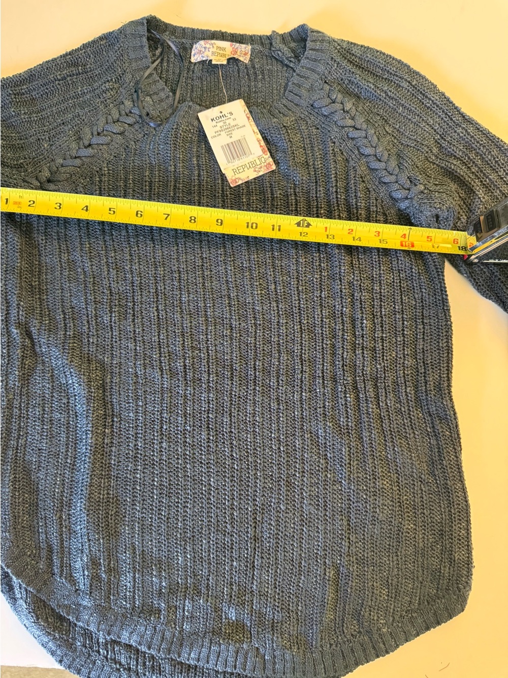 NET Pink Republic Forest Shade Blue Ribbed Cable Knit Sweater Size Medium - Picture 3 of 9